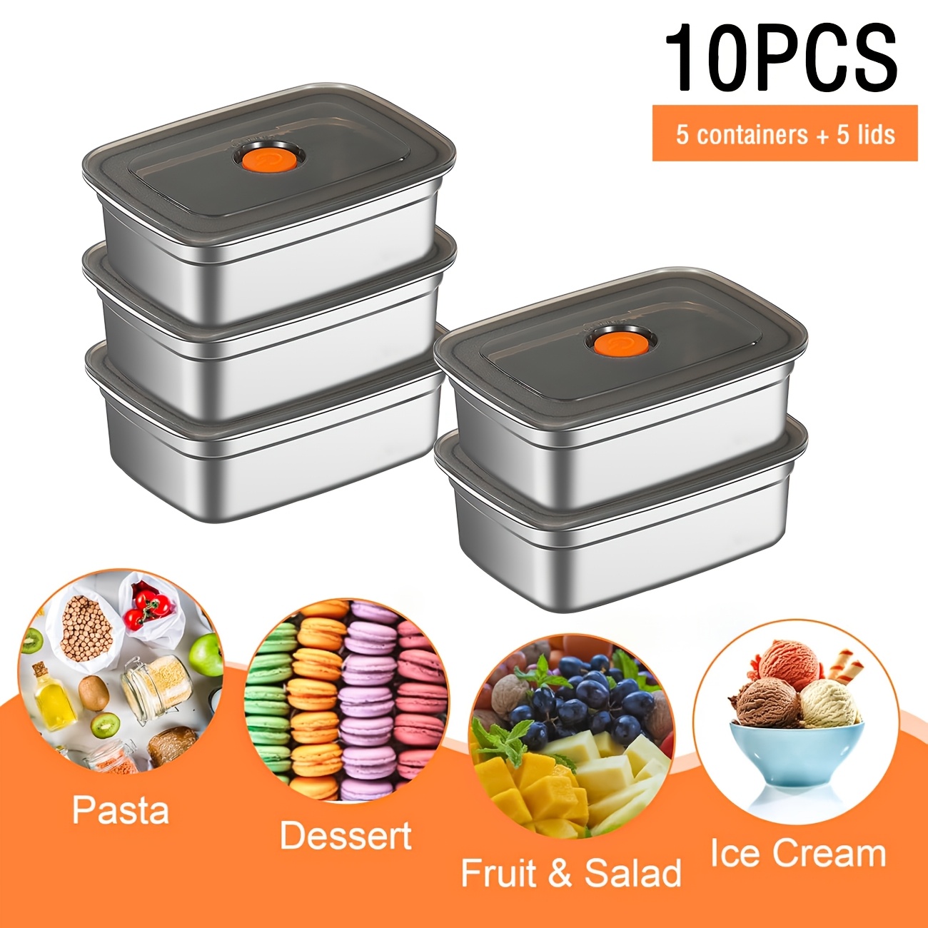 Food Storage Freezer - 10-Piece Stainless Steel Food Storage Containers
