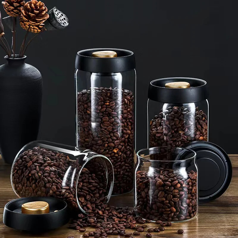 Food Storage Set Glass - Coffee beans vacuum sealed jar, transparent